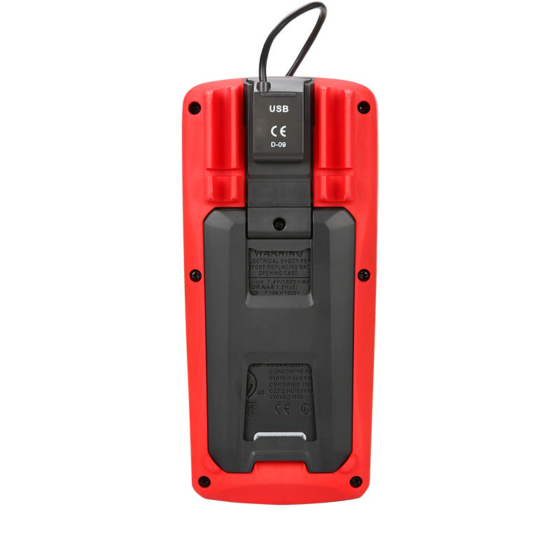 UNI-T UT171B Industrial True RMS Digital Multimeter – 60000 Count EBTN, AC/DC 1000V, 10A, LoZ, Square-Wave Output, Temperature, USB & Bluetooth, CAT III 1000V - rear view showing the red and black casing, a kickstand, and a USB port cover.