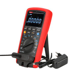 UNI-T UT171B Industrial True RMS Digital Multimeter – 60000 Count EBTN, AC/DC 1000V, 10A, LoZ, Square-Wave Output, Temperature, USB & Bluetooth, CAT III 1000V - with a black screen showing 0.0000, a rotary dial, buttons, a probe, and a power adapter.