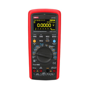 UNI-T UT171C Industrial True RMS Digital Multimeter – 60000 Count OLED, AC/DC 1000V, 10A, LoZ, Square-Wave Output, -30°C Rated, USB & Bluetooth, CAT III 1000V - red protective case, showing an OLED screen with 0.000V, a central rotary dial, control buttons, and input ports.