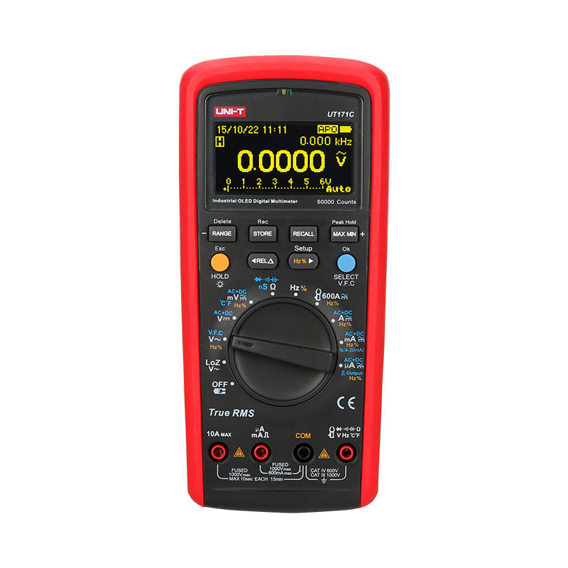 UNI-T UT171C Industrial True RMS Digital Multimeter – 60000 Count OLED, AC/DC 1000V, 10A, LoZ, Square-Wave Output, -30°C Rated, USB & Bluetooth, CAT III 1000V - red protective case, showing an OLED screen with 0.000V, a central rotary dial, control buttons, and input ports.