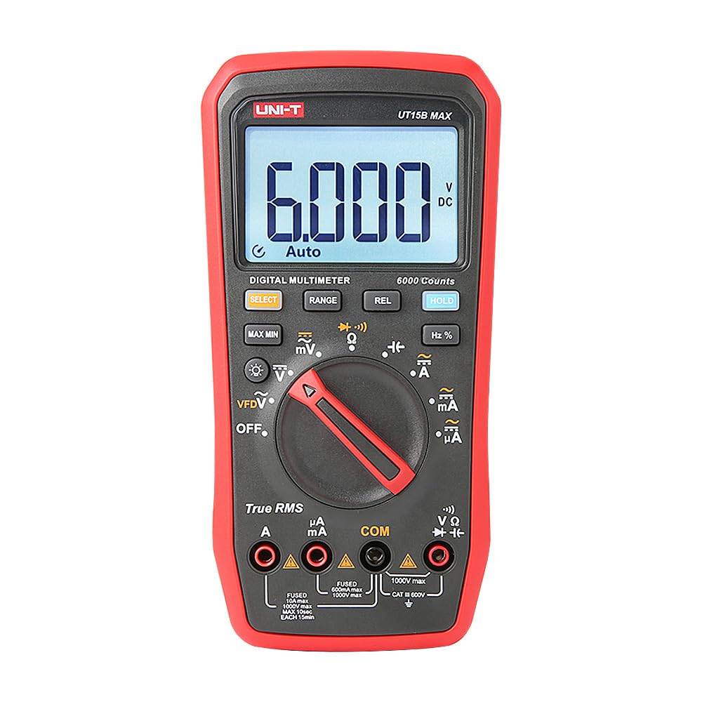 UNI-T UT17B MAX True RMS Digital Multimeter – 6000 Count, 1000V AC/DC, VFD, Temperature, Capacitance, Frequency, EMI Protection, Anti-Burn with Gold-Plated Leads - a red and black handheld device with a central rotary dial, control buttons, and a screen displaying 6.000.
