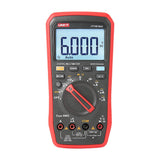 UNI-T UT17B MAX True RMS Digital Multimeter – 6000 Count, 1000V AC/DC, VFD, Temperature, Capacitance, Frequency, EMI Protection, Anti-Burn with Gold-Plated Leads - a red and black handheld device with a central rotary dial, control buttons, and a screen displaying 6.000.