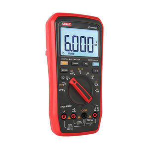 UNI-T UT17B MAX True RMS Digital Multimeter – 6000 Count, 1000V AC/DC, VFD, Temperature, Capacitance, Frequency, EMI Protection, Anti-Burn with Gold-Plated Leads - UNI-T UT15B MAX digital multimeter in red and black, showing a screen reading 6.000, a central rotary dial, function buttons, and four input ports.