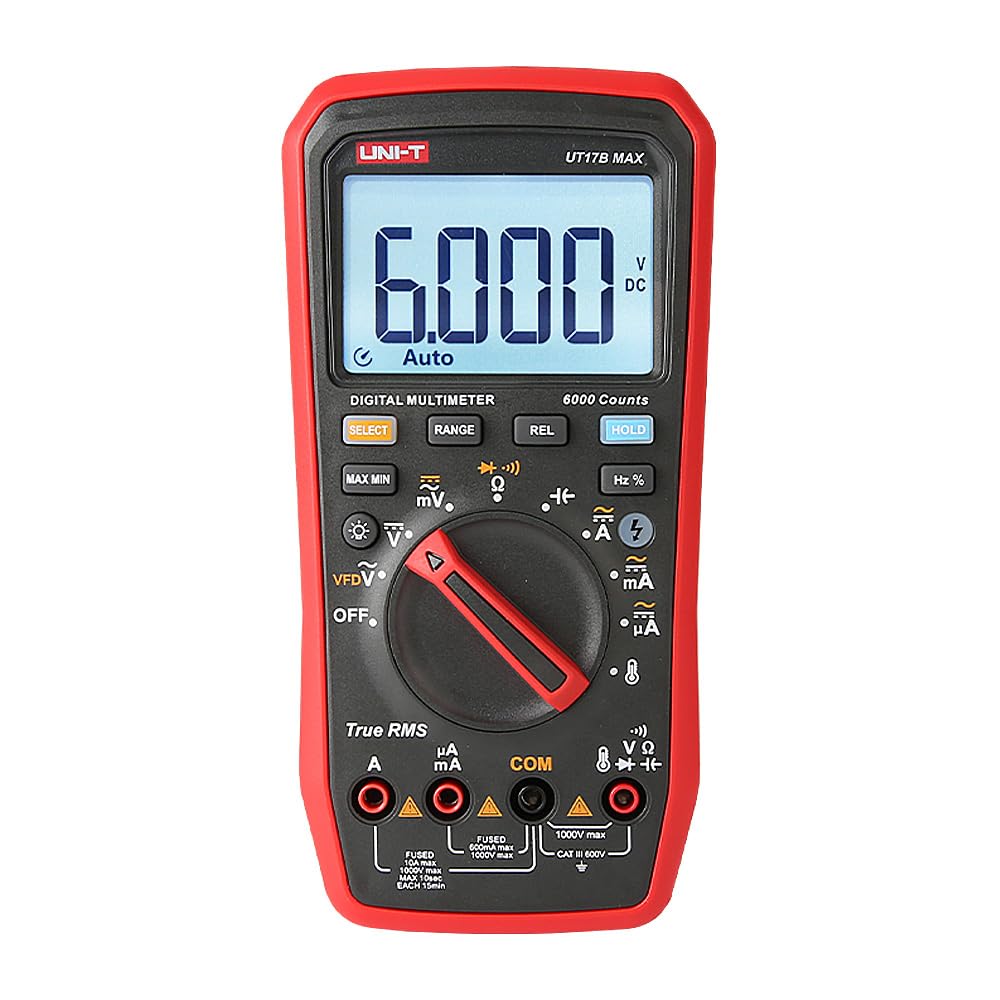 UNI-T UT17B MAX True RMS Digital Multimeter – 6000 Count, 1000V AC/DC, VFD, Temperature, Capacitance, Frequency, EMI Protection, Anti-Burn with Gold-Plated Leads - a central rotary dial, function buttons, input ports, and a screen displaying 6.000 V DC.