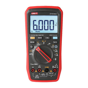 UNI-T UT17B MAX True RMS Digital Multimeter – 6000 Count, 1000V AC/DC, VFD, Temperature, Capacitance, Frequency, EMI Protection, Anti-Burn with Gold-Plated Leads - a central rotary dial, function buttons, input ports, and a screen displaying 6.000 V DC.