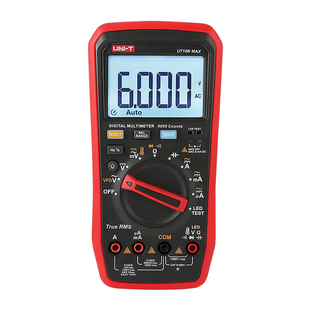 UNI-T UT17B MAX True RMS Digital Multimeter – 6000 Count, 1000V AC/DC, VFD, Temperature, Capacitance, Frequency, EMI Protection, Anti-Burn with Gold-Plated Leads - UNI-T UT18B MAX digital multimeter in red and black, showing a screen reading 6.000, a central rotary dial, function buttons, and four input ports.