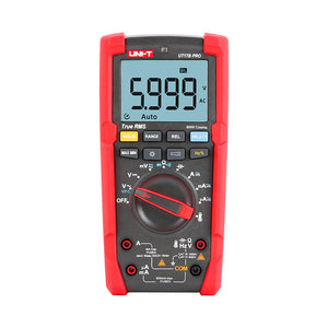 UNI-T UT17B PRO True RMS Digital Multimeter – 6000 Count, 1000V AC/DC, VFC, Temperature, Capacitance, Frequency, CAT III 1000V / CAT IV 600V, 8kV Anti-Burn - a central rotary dial, various buttons, input ports, and a screen displaying 5.999 V AC.