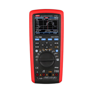UNI-T UT181A Datalogging True RMS Digital Multimeter – 60000 Count, 4.5" Color TFT, AC/DC 1000V, 10A, Data Logging, Temperature, USB, CAT III 1000V / CAT IV 600V - red protective case, showing a color screen with a data graph, function buttons, a central dial, and input ports.
