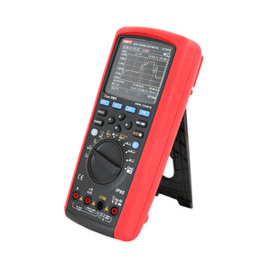 UNI-T UT181A Datalogging True RMS Digital Multimeter – 60000 Count, 4.5" Color TFT, AC/DC 1000V, 10A, Data Logging, Temperature, USB, CAT III 1000V / CAT IV 600V - red protective case with a kickstand, showing a color screen with a data graph, function buttons, and input ports.