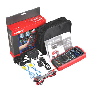 UNI-T UT181A Datalogging True RMS Digital Multimeter – 60000 Count, 4.5" Color TFT, AC/DC 1000V, 10A, Data Logging, Temperature, USB, CAT III 1000V / CAT IV 600V - a red and black multimeter with a color screen showing 0.68 AAC, probes, cables, charger, and carry bag.