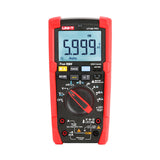 UNI-T UT18B PRO True RMS Digital Multimeter – 6000 Count, 1000V AC/DC, VFC, Temperature, LED Test, CAT III 1000V / CAT IV 600V, 8kV Anti-Burn Protection - in a red and black casing with a central rotary dial, various buttons, input ports, and a screen displaying 5.999 V DC.