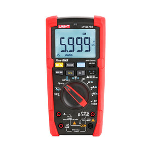UNI-T UT18B PRO True RMS Digital Multimeter – 6000 Count, 1000V AC/DC, VFC, Temperature, LED Test, CAT III 1000V / CAT IV 600V, 8kV Anti-Burn Protection - in a red and black casing with a central rotary dial, various buttons, input ports, and a screen displaying 5.999 V DC.