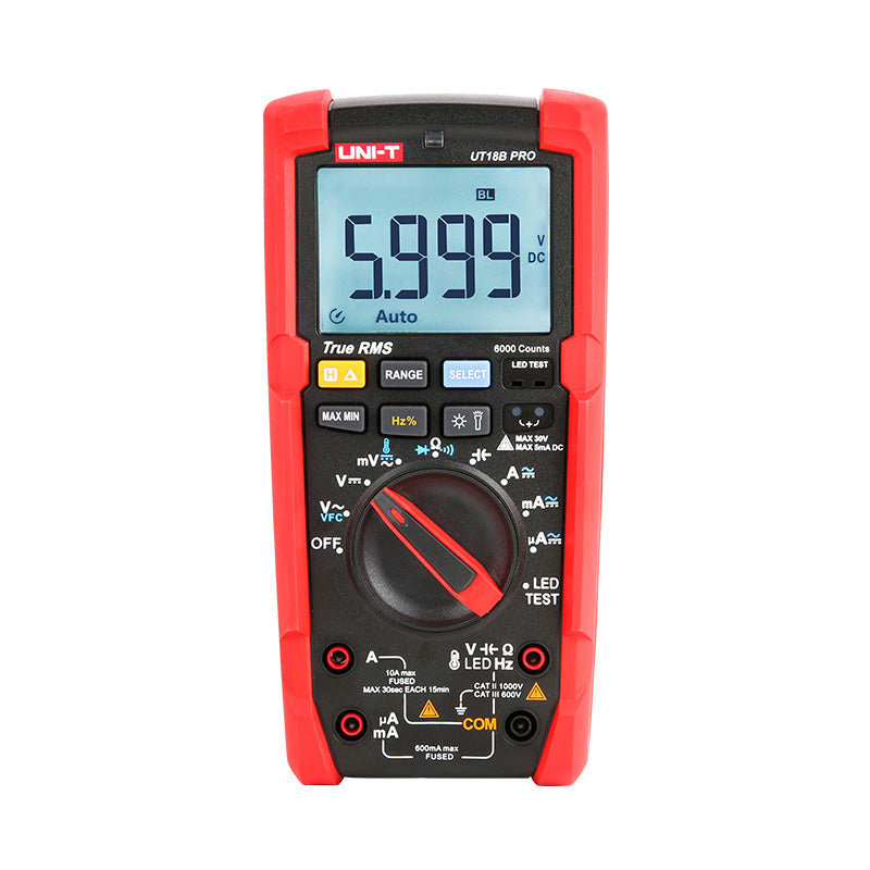 UNI-T UT18B PRO True RMS Digital Multimeter – 6000 Count, 1000V AC/DC, VFC, Temperature, LED Test, CAT III 1000V / CAT IV 600V, 8kV Anti-Burn Protection - in a red and black casing with a central rotary dial, various buttons, input ports, and a screen displaying 5.999 V DC.