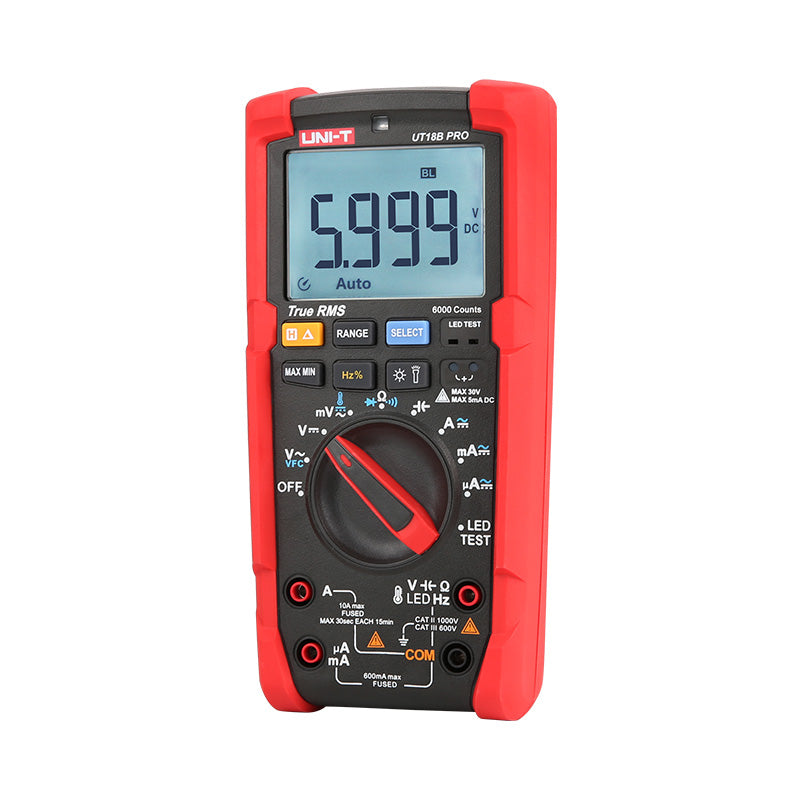 UNI-T UT18B PRO True RMS Digital Multimeter – 6000 Count, 1000V AC/DC, VFC, Temperature, LED Test, CAT III 1000V / CAT IV 600V, 8kV Anti-Burn Protection - with a rotary dial, function buttons, input ports, and a screen displaying 5.999 V DC.