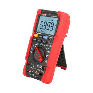 UNI-T UT18B PRO True RMS Digital Multimeter – 6000 Count, 1000V AC/DC, VFC, Temperature, LED Test, CAT III 1000V / CAT IV 600V, 8kV Anti-Burn Protection - in a red and black casing, standing on its kickstand with a screen showing 5.999 V DC and a central rotary dial.