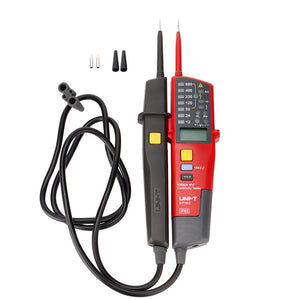 UNI-T UT18B Two-Pole Voltage & Continuity Tester – AC/DC 690V, Three-Phase Rotation, RCD Trigger, Polarity Detection, Continuity, CAT IV 600V IP65 with LED Indication - red and black body, digital display, yellow buttons, connected probes, and two pairs of tip covers.