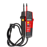 UNI-T UT18C Two-Pole Voltage & Continuity Tester – AC/DC 6V-690V, Three-Phase Rotation, RCD Test, Polarity, Auto-Range, CAT IV 600V IP65 with LED Indication - a red and black handheld unit with a digital display, buttons, LED indicators, and a black cable.