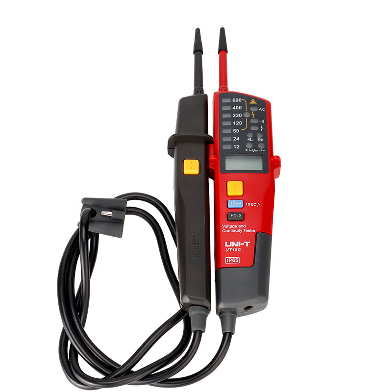 UNI-T UT18C Two-Pole Voltage & Continuity Tester – AC/DC 6V-690V, Three-Phase Rotation, RCD Test, Polarity, Auto-Range, CAT IV 600V IP65 with LED Indication - a red and black handheld unit with a digital display, buttons, LED indicators, and a black cable.