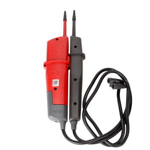 UNI-T UT18C Two-Pole Voltage & Continuity Tester – AC/DC 6V-690V, Three-Phase Rotation, RCD Test, Polarity, Auto-Range, CAT IV 600V IP65 with LED Indication - a red and grey two-pole device connected by a black cable to a grey two-pin connector, isolated against a white background.