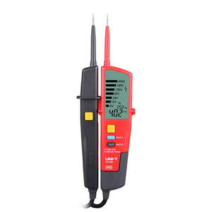 UNI-T UT18D Two-Pole Voltage & Continuity Tester with LCD Display – AC/DC 6V-690V, Frequency, Three-Phase Rotation, RCD Test, CAT IV 600V IP65 Digital Readout - a red and black two-pole device with a digital LCD showing 402 VAC and 50 Hz, plus yellow, blue, and black control buttons.