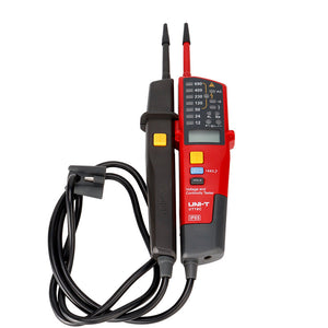 UNI-T UT18D Two-Pole Voltage & Continuity Tester with LCD Display – AC/DC 6V-690V, Frequency, Three-Phase Rotation, RCD Test, CAT IV 600V IP65 Digital Readout - a red and black handheld unit with an LCD screen, function buttons, and a connected black test probe.
