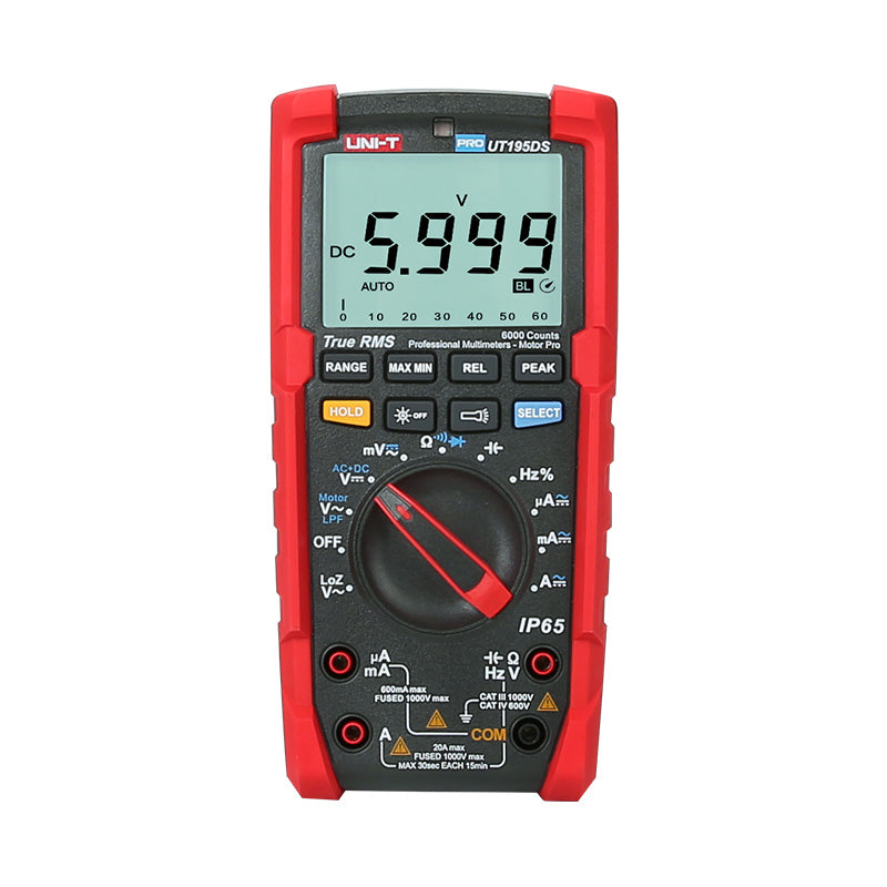 UNI-T UT195DS Professional Dual-Display Datalogging True RMS Digital Multimeter – 6000 Count, AC/DC 1000V, 20A, IP65 Waterproof, LoZ, Temperature, Flashlight, CAT III 1000V - a red and black handheld device with a central rotary dial, buttons, ports, and a screen displaying 5.999 V DC.