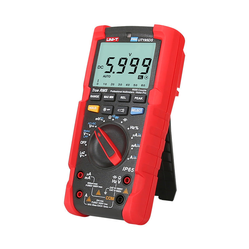 UNI-T UT195DS Professional Dual-Display Datalogging True RMS Digital Multimeter – 6000 Count, AC/DC 1000V, 20A, IP65 Waterproof, LoZ, Temperature, Flashlight, CAT III 1000V - red and black protective casing, showing a digital display reading 5.999 V, a rotary dial, and input ports.