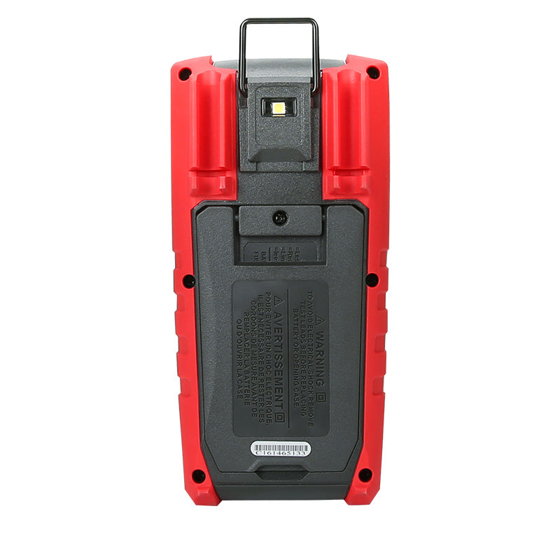 UNI-T UT195DS Professional Dual-Display Datalogging True RMS Digital Multimeter – 6000 Count, AC/DC 1000V, 20A, IP65 Waterproof, LoZ, Temperature, Flashlight, CAT III 1000V - rear view showing the red and black protective casing, a fold-out stand, a flashlight, and a battery compartment cover.