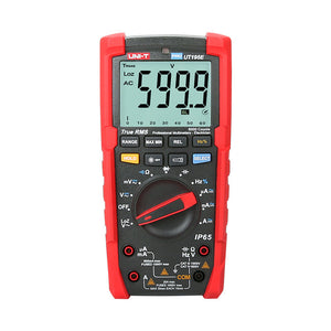 UNI-T UT195E Professional True RMS Digital Multimeter – 6000 Count, AC/DC 1000V, 20A, IP65 Waterproof, LoZ, Flashlight, 2m Drop-Proof, CAT III 1000V - a red and black handheld device with a central rotary dial, various buttons, input ports, and a screen showing 599.9.