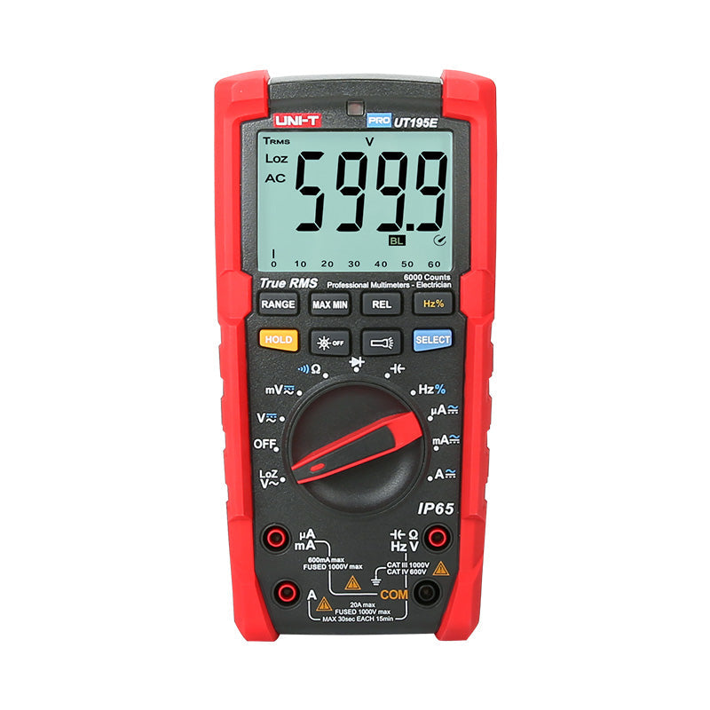UNI-T UT195E Professional True RMS Digital Multimeter – 6000 Count, AC/DC 1000V, 20A, IP65 Waterproof, LoZ, Flashlight, 2m Drop-Proof, CAT III 1000V - a red and black handheld device with a central rotary dial, various buttons, input ports, and a screen showing 599.9.