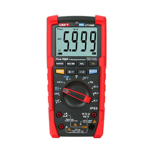UNI-T UT195M Professional True RMS Digital Multimeter – 6000 Count, AC/DC 1000V, 20A, IP65 Waterproof, LoZ, Temperature Probe, Flashlight, CAT III 1000V - in a red and black protective case, showing a digital display reading 5.999, a central rotary dial, and input ports.