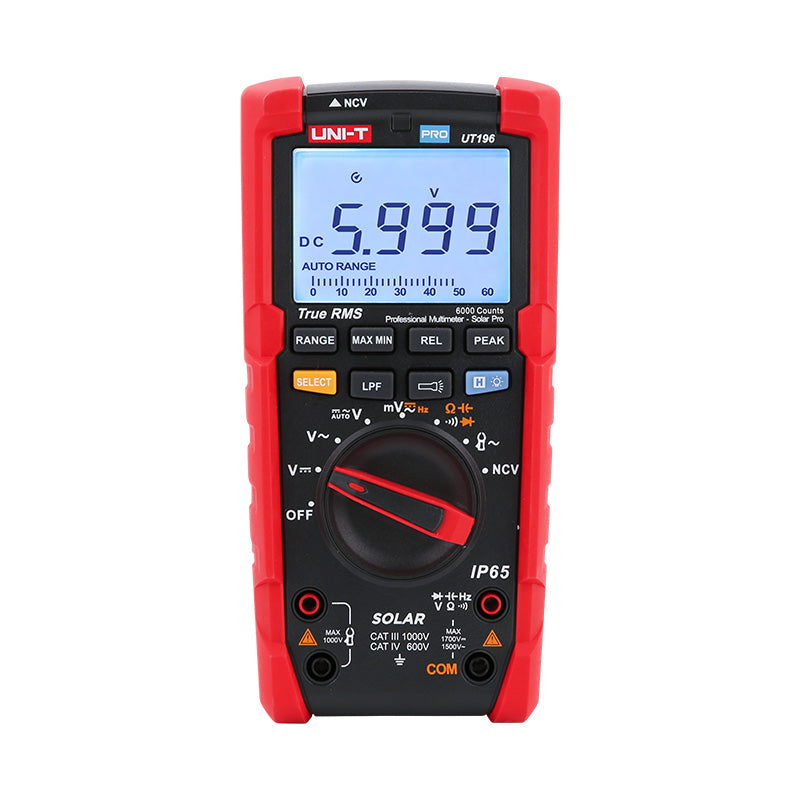 UNI-T UT196 True RMS Solar Digital Multimeter – 6000 Count, 1700V DC / 1500V AC, IP65 Waterproof, 2m Drop-Proof, Low-Pass Filter, LoZ, CAT III 1000V / CAT IV 600V - the front display reading 5.999 DC, control buttons, rotary dial, and input ports.