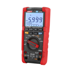 UNI-T UT196 True RMS Solar Digital Multimeter – 6000 Count, 1700V DC / 1500V AC, IP65 Waterproof, 2m Drop-Proof, Low-Pass Filter, LoZ, CAT III 1000V / CAT IV 600V - with a digital screen displaying 5.999, a central dial, and input ports.