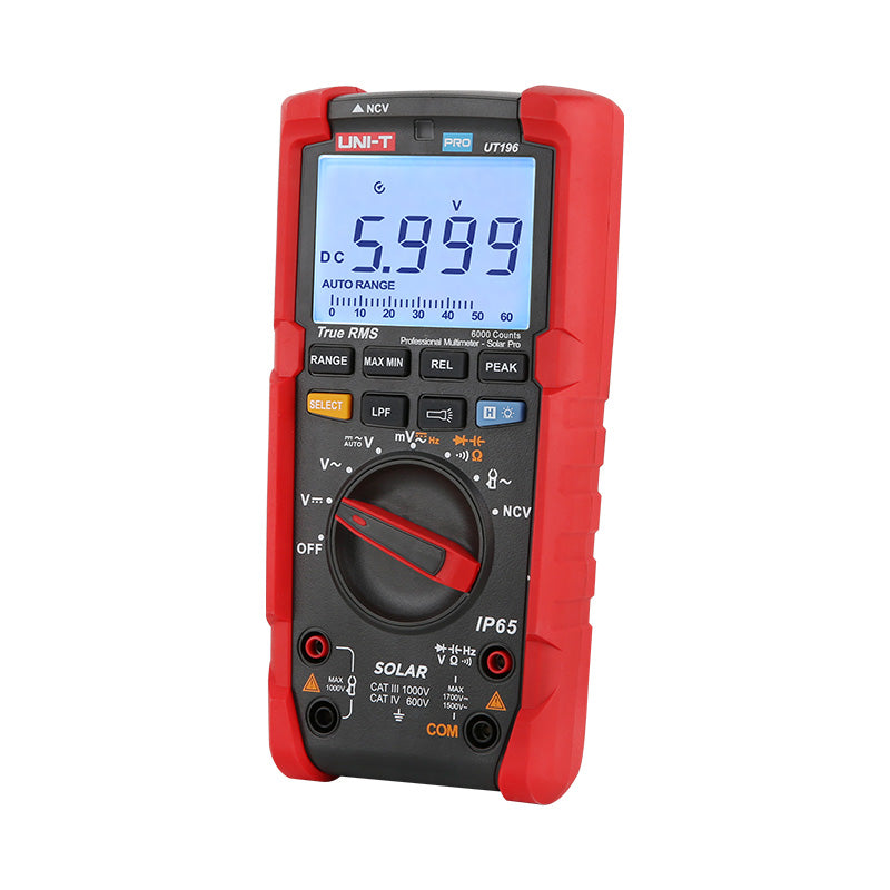 UNI-T UT196 True RMS Solar Digital Multimeter – 6000 Count, 1700V DC / 1500V AC, IP65 Waterproof, 2m Drop-Proof, Low-Pass Filter, LoZ, CAT III 1000V / CAT IV 600V - with a digital screen displaying 5.999, a central dial, and input ports.