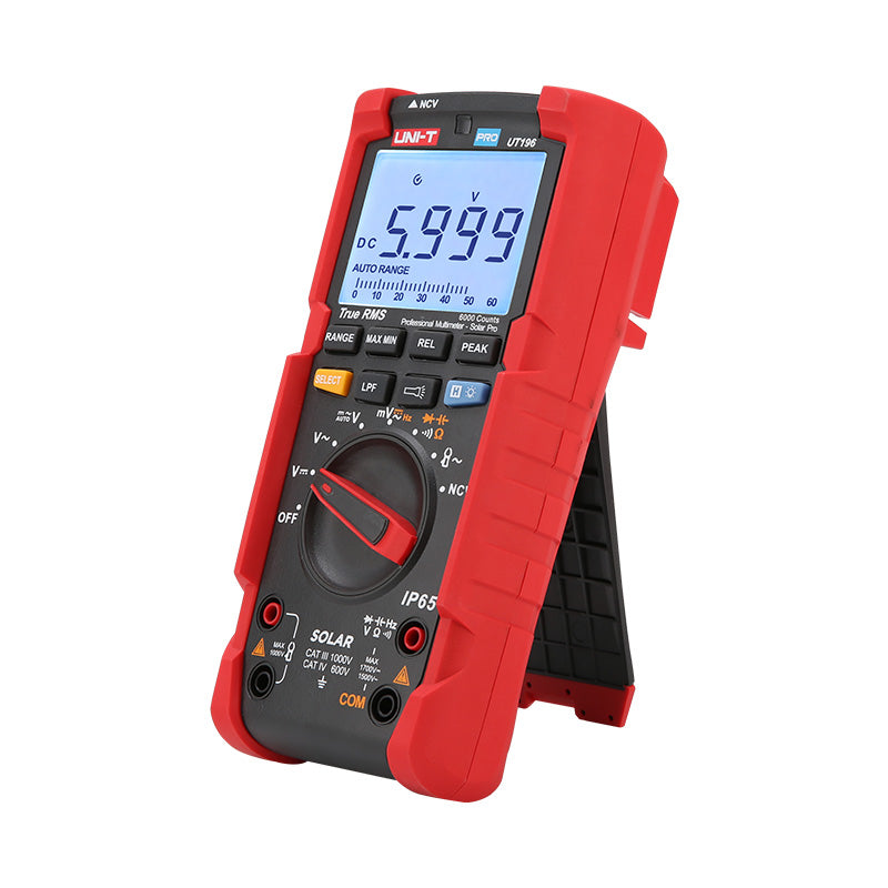 UNI-T UT196 True RMS Solar Digital Multimeter – 6000 Count, 1700V DC / 1500V AC, IP65 Waterproof, 2m Drop-Proof, Low-Pass Filter, LoZ, CAT III 1000V / CAT IV 600V - in a red protective case, showing a digital display reading 5.999 V, a central rotary dial, and front input ports.