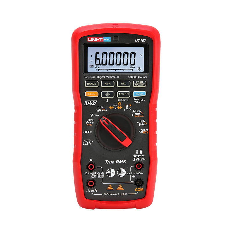 UNI-T UT197 Industrial True RMS Digital Multimeter – 600000 Count, AC/DC 1000V, 10A, IP67 Waterproof, 5m Drop-Proof, Bluetooth, VFD Mode, CAT IV 1000V - a red handheld device with a central rotary dial, various buttons, input ports, and a screen showing 600000.
