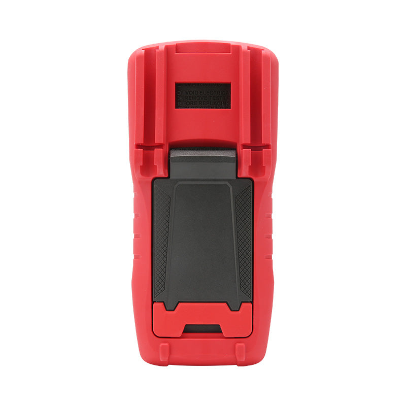 UNI-T UT197 Industrial True RMS Digital Multimeter – 600000 Count, AC/DC 1000V, 10A, IP67 Waterproof, 5m Drop-Proof, Bluetooth, VFD Mode, CAT IV 1000V - rear view showing the red protective casing, a black fold-out stand, and a battery compartment cover.
