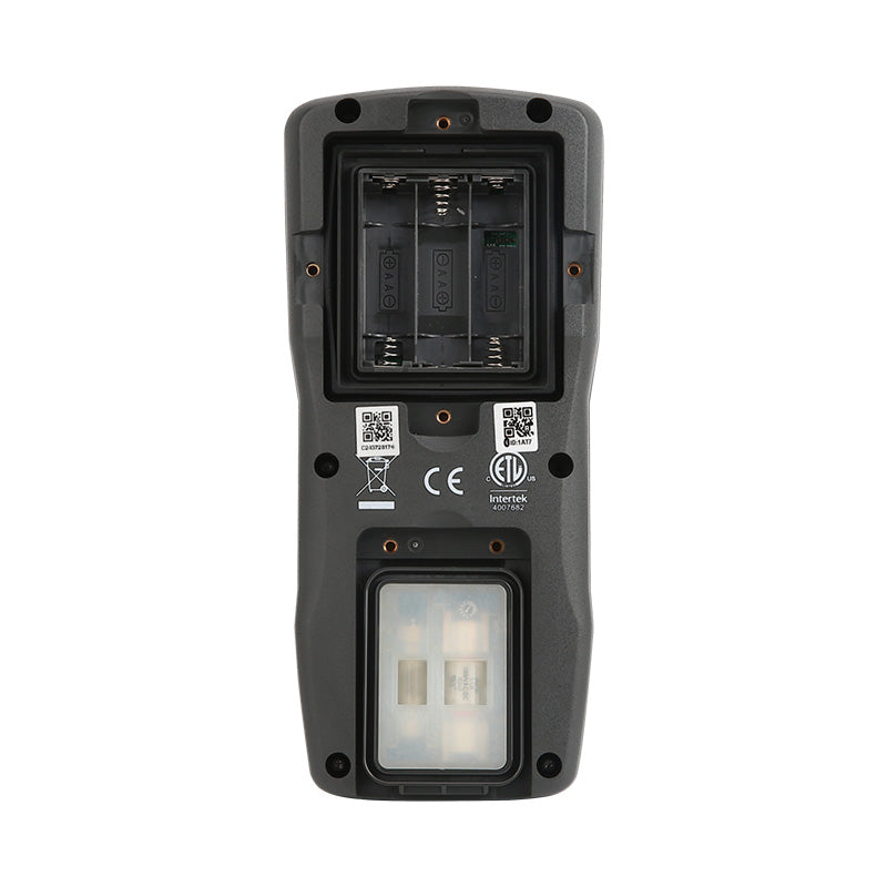 UNI-T UT197 Industrial True RMS Digital Multimeter – 600000 Count, AC/DC 1000V, 10A, IP67 Waterproof, 5m Drop-Proof, Bluetooth, VFD Mode, CAT IV 1000V - rear view showing an open battery compartment for three AAA batteries and a sealed fuse access panel.