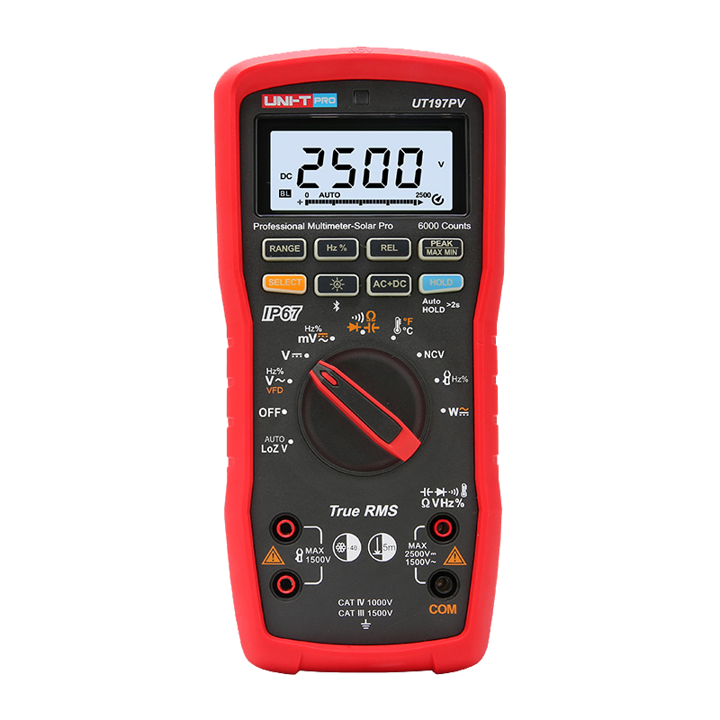 UNI-T UT197PV Solar PV True RMS Digital Multimeter – 2500V DC, 1500V AC, IP67 Waterproof, 5m Drop-Proof, Bluetooth App, VFD, CAT IV 1000V / CAT III 1500V - a red and black handheld device with a central rotary dial, control buttons, and a screen displaying 2500V DC.
