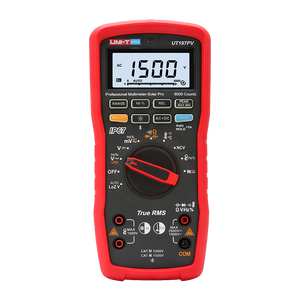 UNI-T UT197PV Solar PV True RMS Digital Multimeter – 2500V DC, 1500V AC, IP67 Waterproof, 5m Drop-Proof, Bluetooth App, VFD, CAT IV 1000V / CAT III 1500V - a red handheld device with a central rotary dial, buttons, input ports, and a screen displaying 1500V AC.