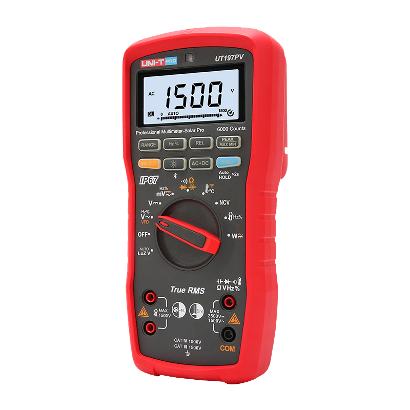 UNI-T UT197PV Solar PV True RMS Digital Multimeter – 2500V DC, 1500V AC, IP67 Waterproof, 5m Drop-Proof, Bluetooth App, VFD, CAT IV 1000V / CAT III 1500V - a red handheld device with a central rotary dial, input ports at the bottom, and a display showing 1500V AC.