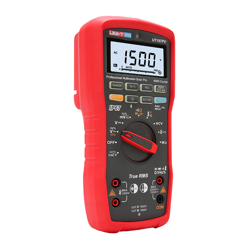 UNI-T UT197PV Solar PV True RMS Digital Multimeter – 2500V DC, 1500V AC, IP67 Waterproof, 5m Drop-Proof, Bluetooth App, VFD, CAT IV 1000V / CAT III 1500V - a red and black handheld device with a rotary dial, function buttons, and a screen displaying 1500 V.