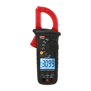 UNI-T UT200A+ True RMS Digital Clamp Meter – 400A AC, 3000 Count, AC/DC 600V, Resistance, Continuity, Frequency, Live Wire Test, NCV, Flashlight, CAT III 600V - a rotary dial, LCD screen displaying 3.099, function buttons, and input ports at the base.