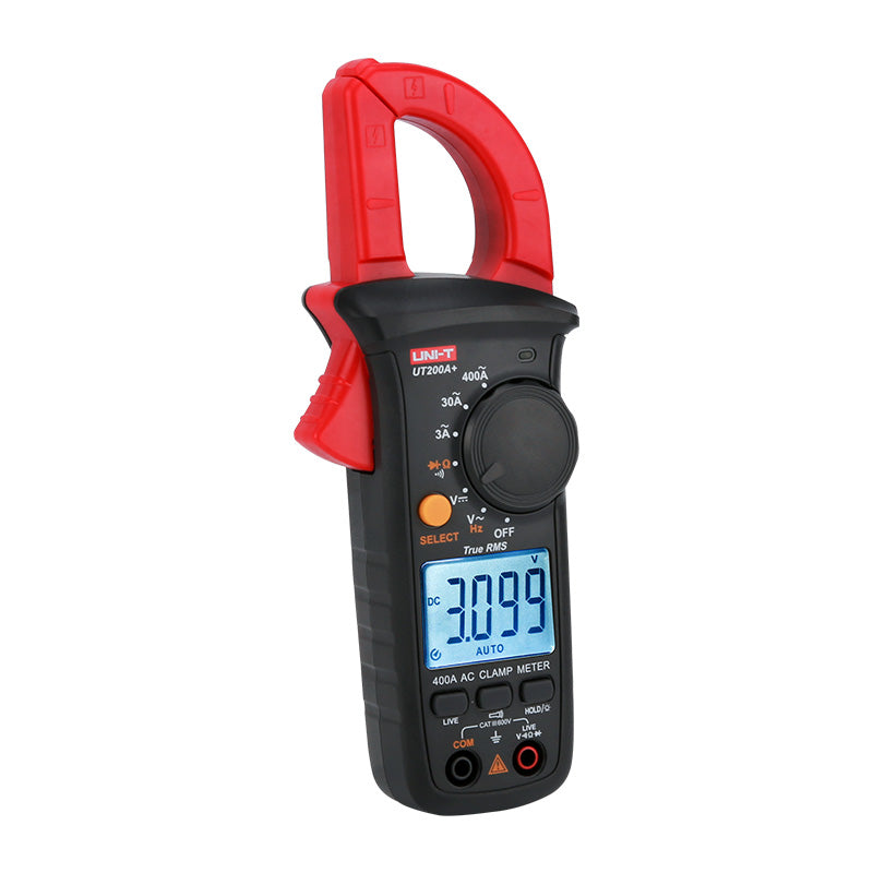 UNI-T UT200A+ True RMS Digital Clamp Meter – 400A AC, 3000 Count, AC/DC 600V, Resistance, Continuity, Frequency, Live Wire Test, NCV, Flashlight, CAT III 600V - a black and red handheld device with a rotary dial, function buttons, and an LCD screen displaying 3.099.