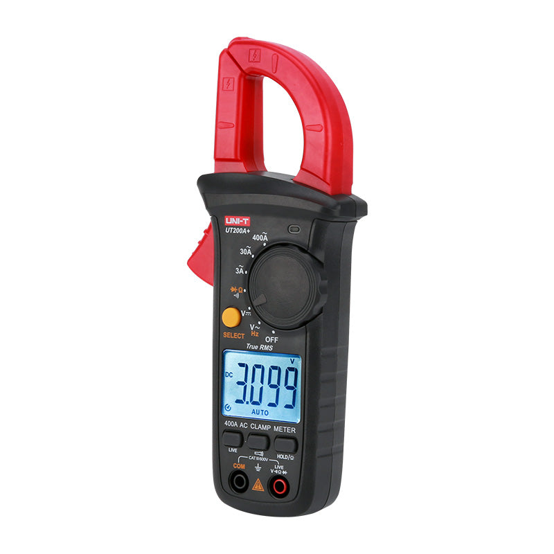 UNI-T UT200A+ True RMS Digital Clamp Meter – 400A AC, 3000 Count, AC/DC 600V, Resistance, Continuity, Frequency, Live Wire Test, NCV, Flashlight, CAT III 600V - a rotary dial, function buttons, and a digital display showing the reading 3.099.