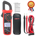 UNI-T UT201+ AC Clamp Meter True RMS 400A in Pakistan - a red and black digital device with a rotary knob, LCD screen reading 400.0, test leads, a carrying case, and manual.