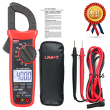 UNI-T UT201+ AC Clamp Meter True RMS 400A in Pakistan - a red and black digital device with a rotary knob, LCD screen reading 400.0, test leads, a carrying case, and manual.