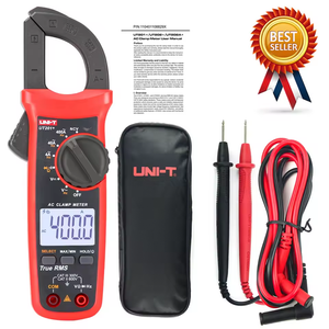 UNI-T UT201+ AC Clamp Meter True RMS 400A in Pakistan - a red and black digital device with a rotary knob, LCD screen reading 400.0, test leads, a carrying case, and manual.