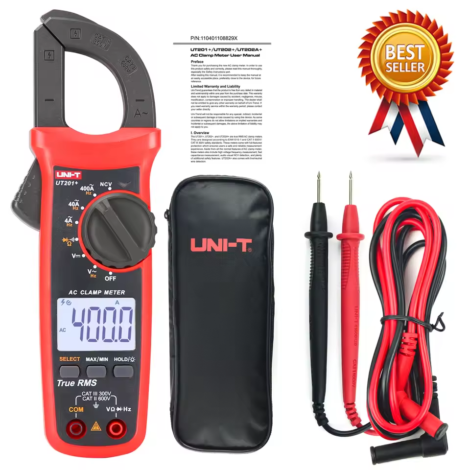 UNI-T UT201+ AC Clamp Meter True RMS 400A in Pakistan - a red and black digital device with a rotary knob, LCD screen reading 400.0, test leads, a carrying case, and manual.