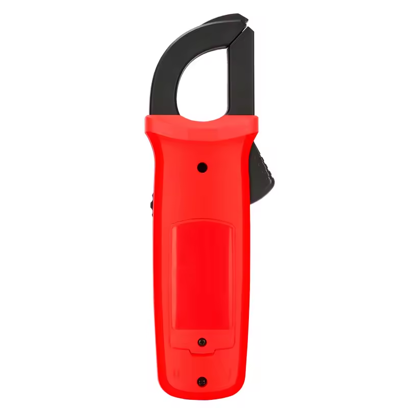 UNI-T UT201+ AC Clamp Meter True RMS 400A in Pakistan - shown from the rear, featuring a bright red plastic casing, a black jaw assembly, and a battery compartment cover.